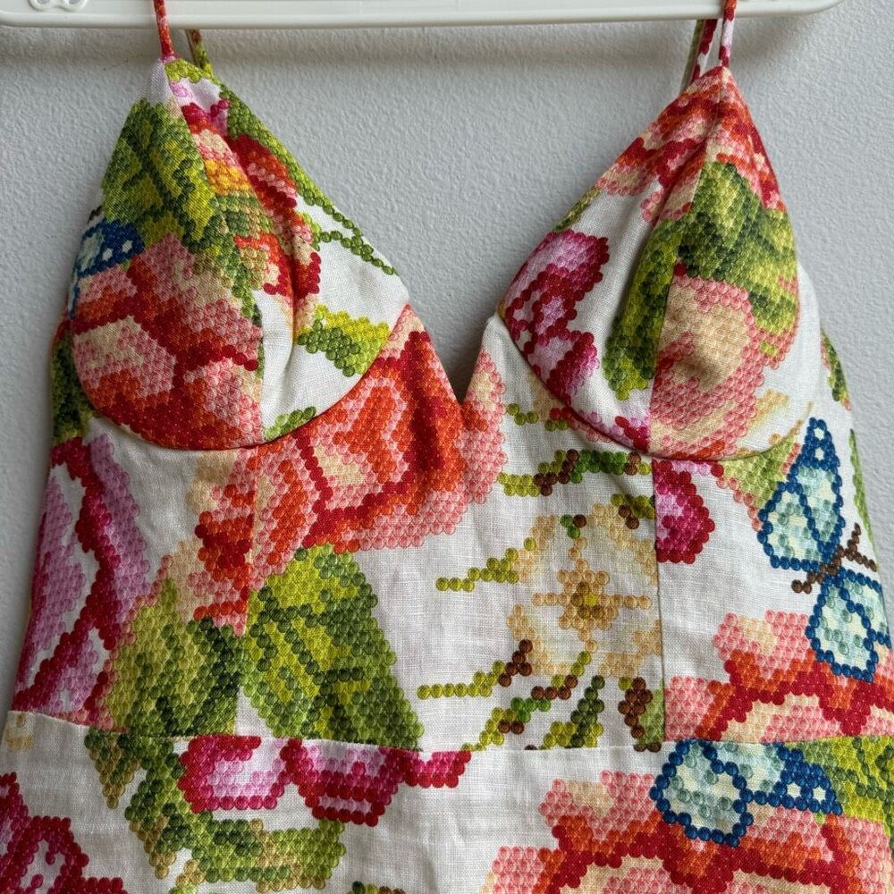 NWT Farm Rio Anthropologie Vintage Floral Deep V Mini Dress Size Medium Vacay - Picture 2 of 6